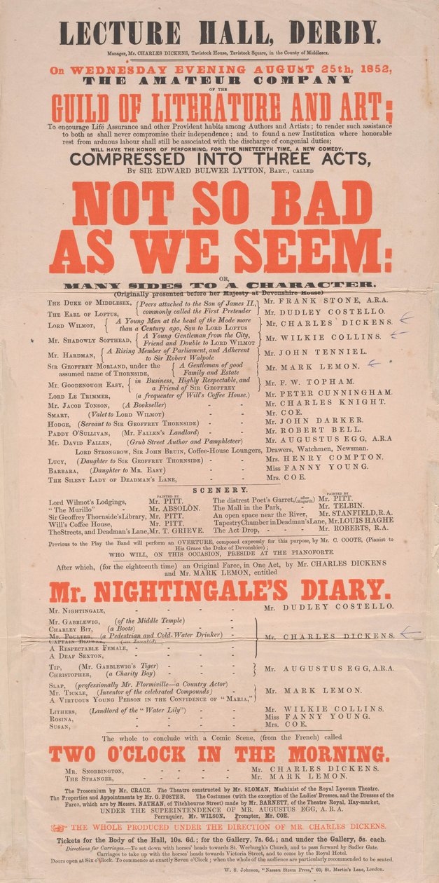 Afisz Dickensa: Nie tak źle, jak się wydaje w sali wykładowej w Derby, program na 25 sierpnia 1852 r. autorstwa English School
