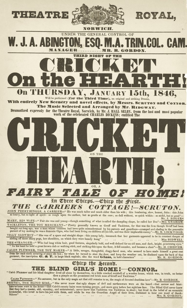 Afisz Dickensa: The Cricket on the Hearth w Theatre Royal, Derby, 15 stycznia 1846 r. autorstwa English School