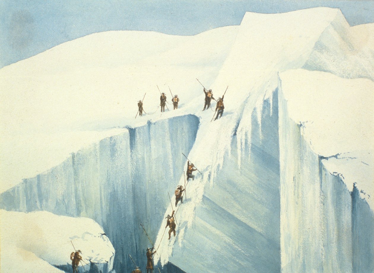 Trudne przejście szczeliny, z Narracji o podejściu na szczyt Mont Blanc autorstwa Charles Fellows (1799-1860), opublikowane w 1827 r. autorstwa English School