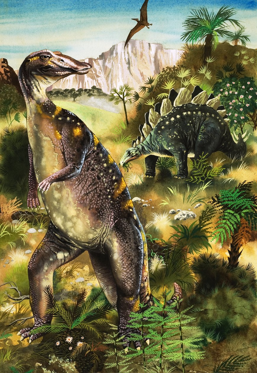 Dinozaury, ilustracja z książki "When Monsters Ruled the Earth" (gwasz na papierze) autorstwa English School