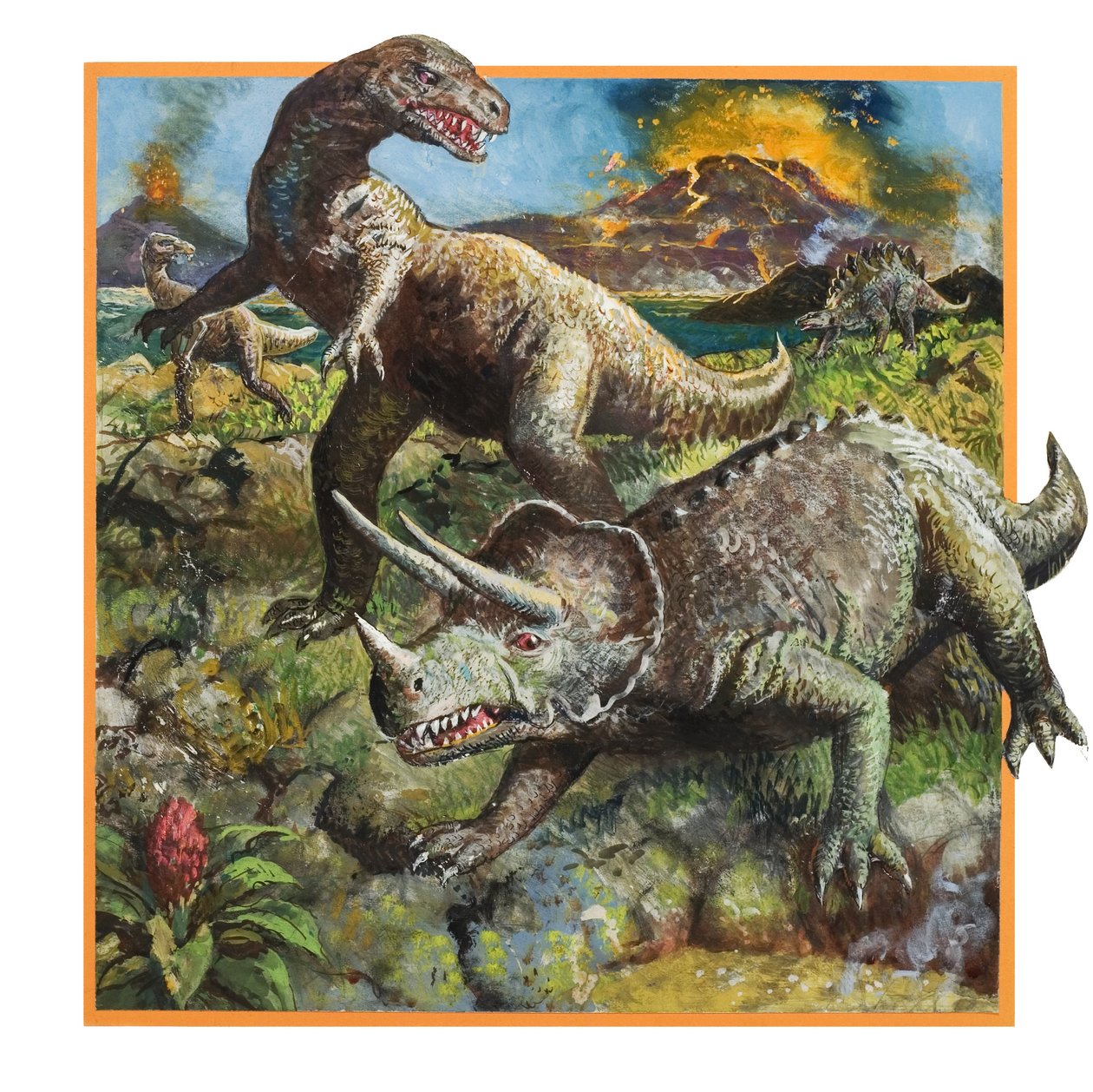 Dinozaury z wulkanem (gwasz na papierze) autorstwa English School