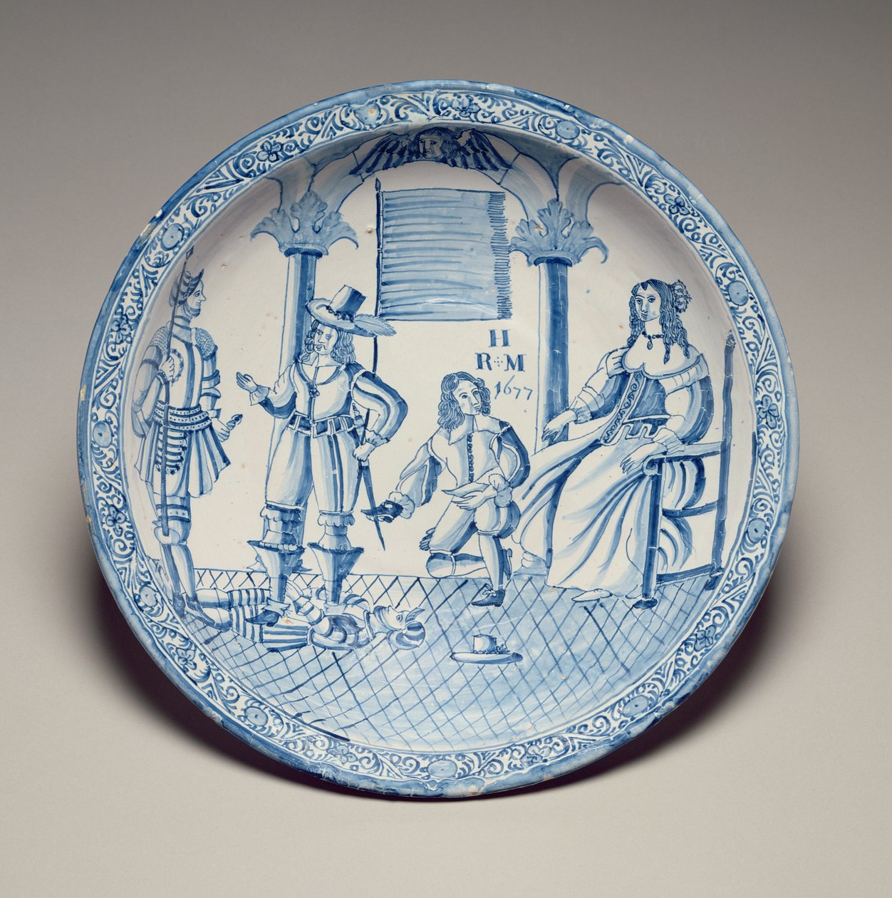 Naczynie z siedzącą królową Katarzyną z butem założonym przez klęczącego kawalera, 1677 (ceramika glazurowana cyną) autorstwa English School