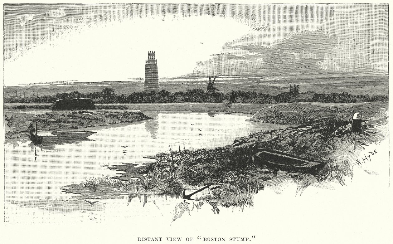 Odległy widok na "Boston Stump" (grawerunek) autorstwa English School