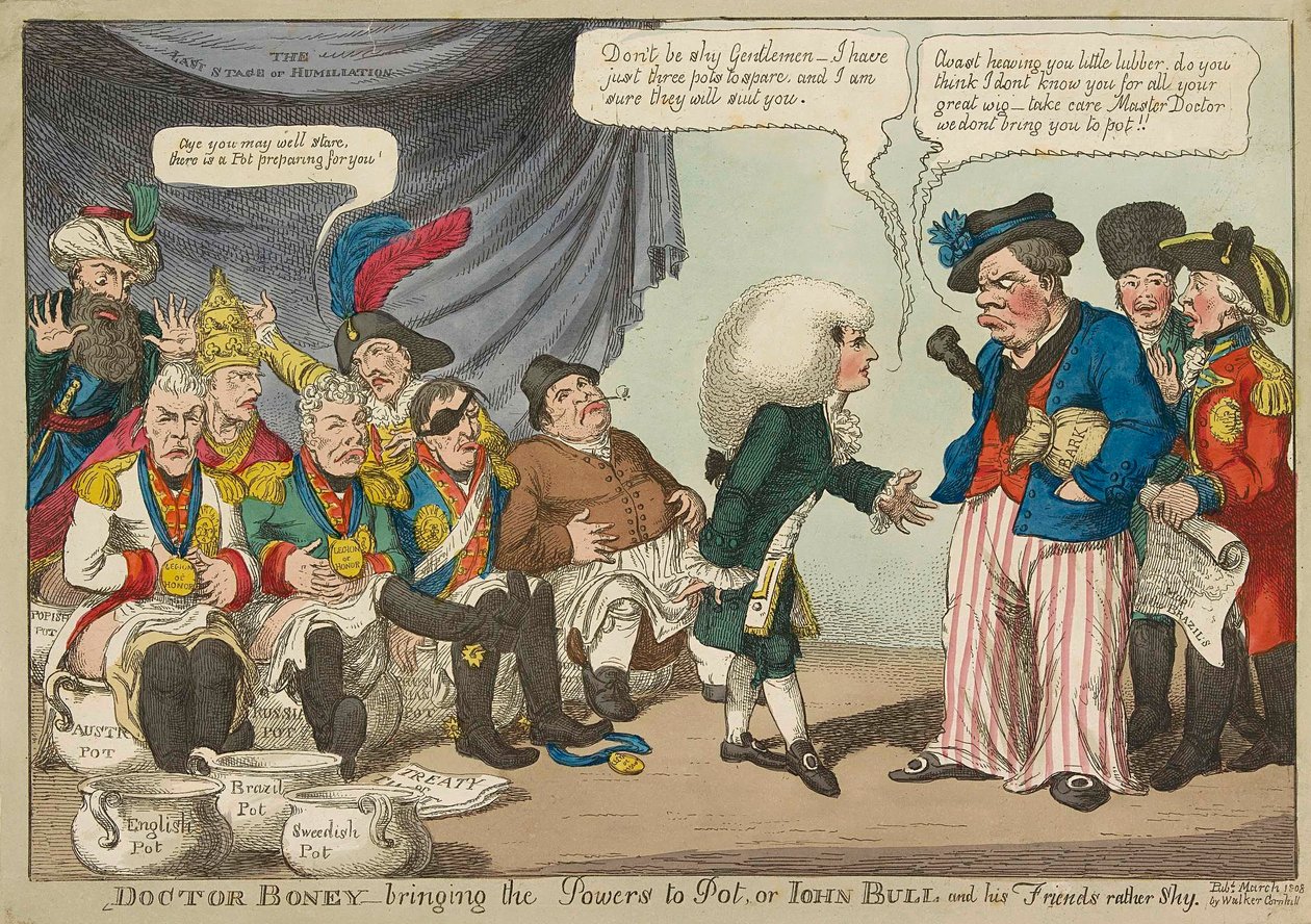 Doctor Boney_bringing the Powers to Pot..., 1808 ręcznie kolorowane grawerowanie. autorstwa English School