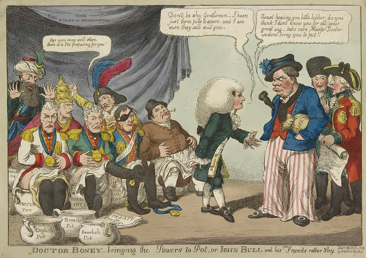 Doctor Boney_przynosząc moce do Pot lub John Bull i jego przyjaciele raczej nieśmiały, pub. 1808 (ręczne grawerowanie kolorowe) autorstwa English School