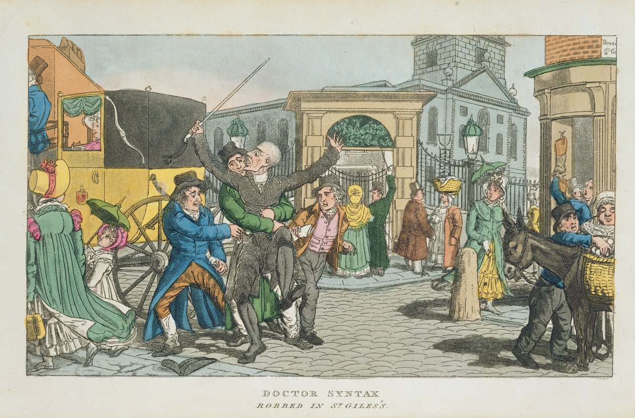 Doctor Syntax okradziony w St. Giless, z The Tour of Doctor Syntax przez Londyn, czy Pleasures and Miseries of the Metropolis. Poemat, opublikowany 1820 (akwatinta) autorstwa English School