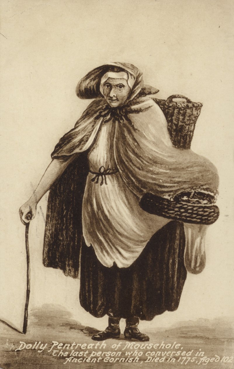 Dolly Pentreath z Mousehole, ostatnia osoba, która rozmawiała w starożytnym kornwalijskim (litho) autorstwa English School