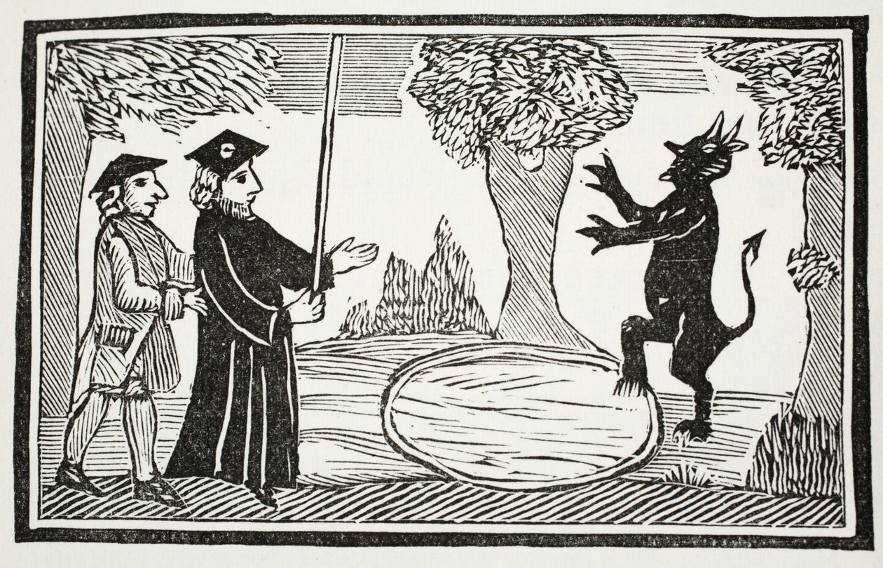 Dr Faust wskrzesza diabła, ilustracja z książki rozdziałów XVIII wieku autorstwa Johna Ashtona, wyd. 1882 autorstwa English School