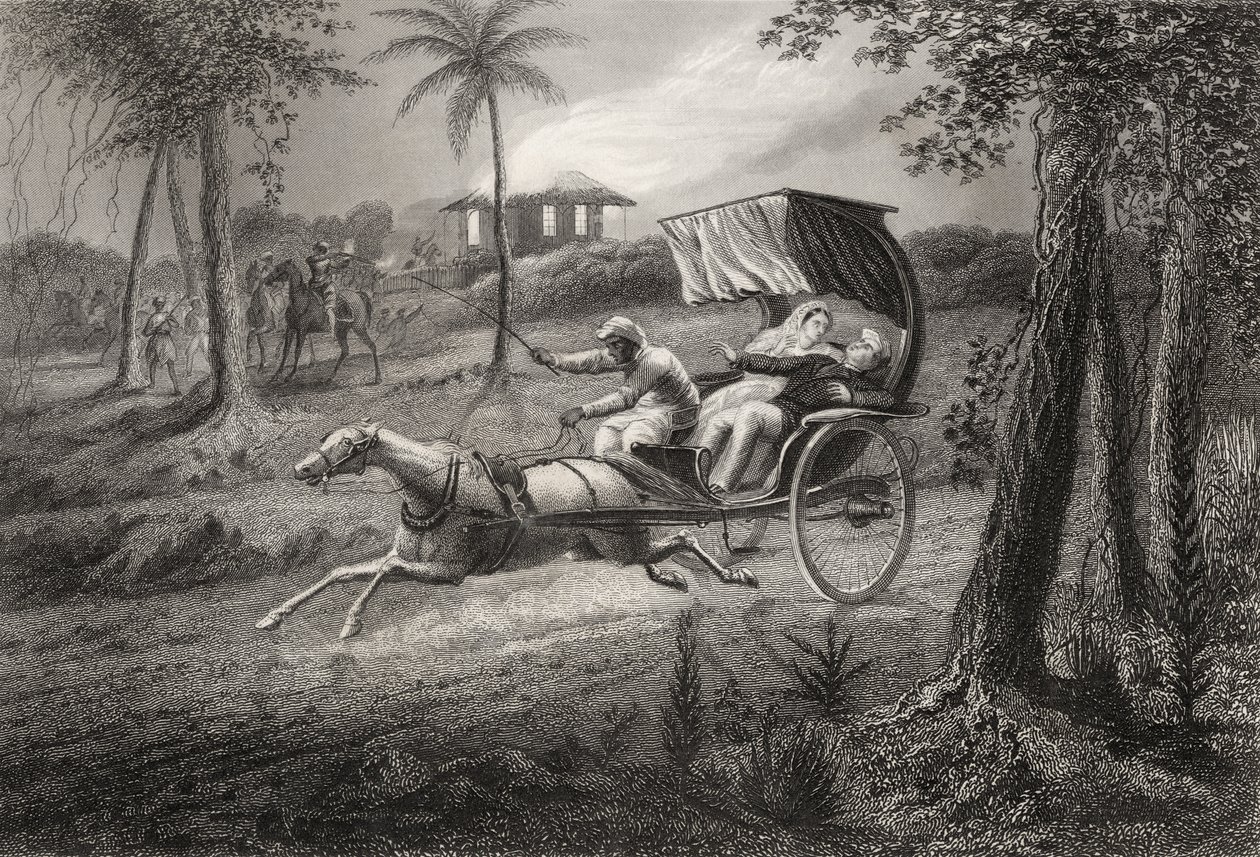 Dr Graham zastrzelony w swoim buggy przez Sealkote Mutineers w 1857, z „Historii indyjskiego buntu”, opublikowanej w 1858 autorstwa English School