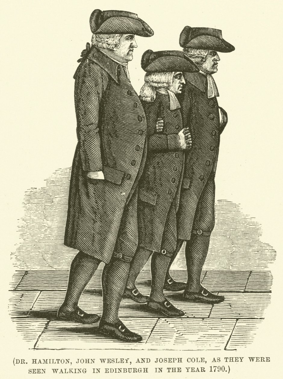 Dr Hamilton, John Wesley i Joseph Cole podczas spaceru w Edynburgu w 1790 roku (rycina) autorstwa English School