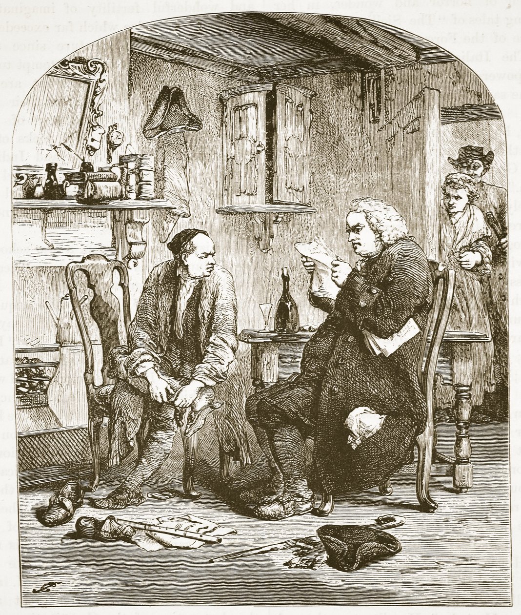 Dr Johnson czyta rękopis wikariusza Wakefielda, ilustracja z Cassells Illustrated History of England (zdjęcie w sepii) autorstwa English School