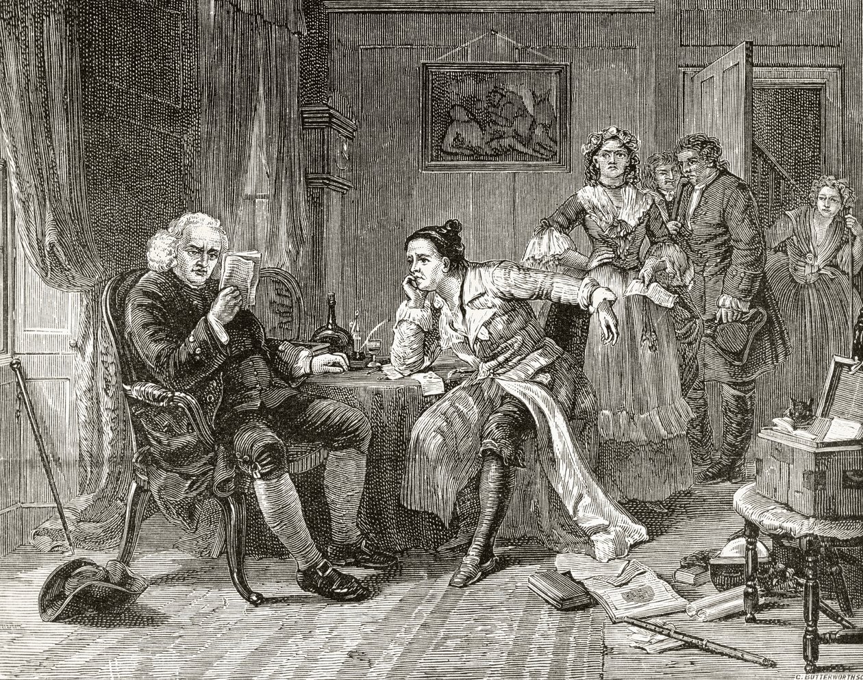 Dr Samuel Johnson czyta rękopis „Wikariusza Wakefielda” z „London Pictures: Drawn with Pen and Pencil” autorstwa wielebnego Richarda Lovetta, opublikowany w 1890 r. (litografia) autorstwa English School