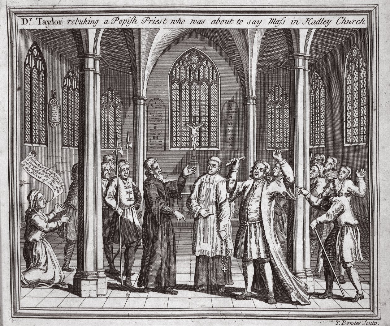 Dr Taylor gani księdza papieża, który miał odprawić mszę w Hadley Church, ilustracja z Foxes Martyrs c.1703 autorstwa English School