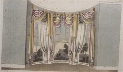 Draperie na okrągłe okna, tablica 108 z Repozytorium Sztuki Ackermanna, wydana 1820 (kolor lito) autorstwa English School
