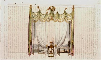Zasłona okienna do salonu i stół roboczy, tablica 104 z Repozytorium Sztuki Ackermanna, wydana w latach 1809-28 (kolor lito) autorstwa English School
