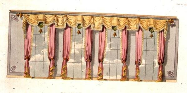 Zasłony okienne do salonu, płyta 92 z Repozytorium Sztuki Ackermanna, wydana w 1816 r. (kolor litho) autorstwa English School