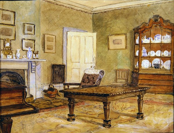 Wnętrze salonu z kolekcją porcelany, ok. 1890 (akwarela na papierze) autorstwa English School