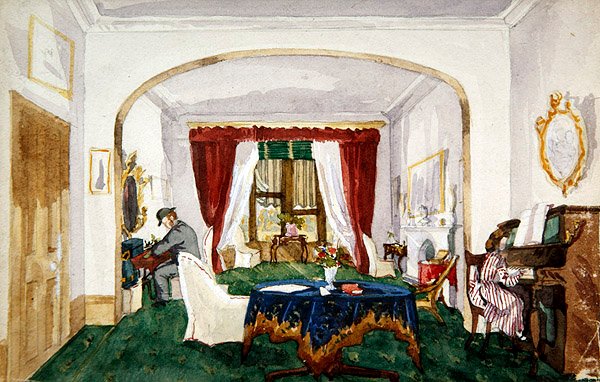 Wnętrze salonu, kobieta przy fortepianie, mężczyzna w meloniku, ok. 1850 (akwarela na papierze) autorstwa English School