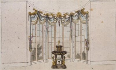 Zasłona okienna i żardiniera do salonu, tablica 101 z Repozytorium Sztuki Ackermanna, wydana w latach 1809-28 (kolor lito) autorstwa English School