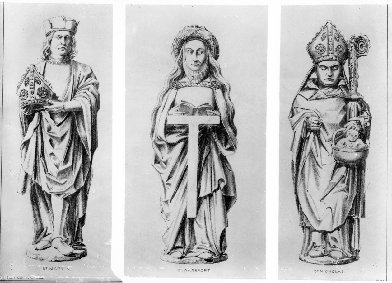 Rysunki świętych Marcina, Wilgeforta i Mikołaja z ich posągów w Kaplicy Henryka VII w Opactwie Westminsterskim, autorstwa English School