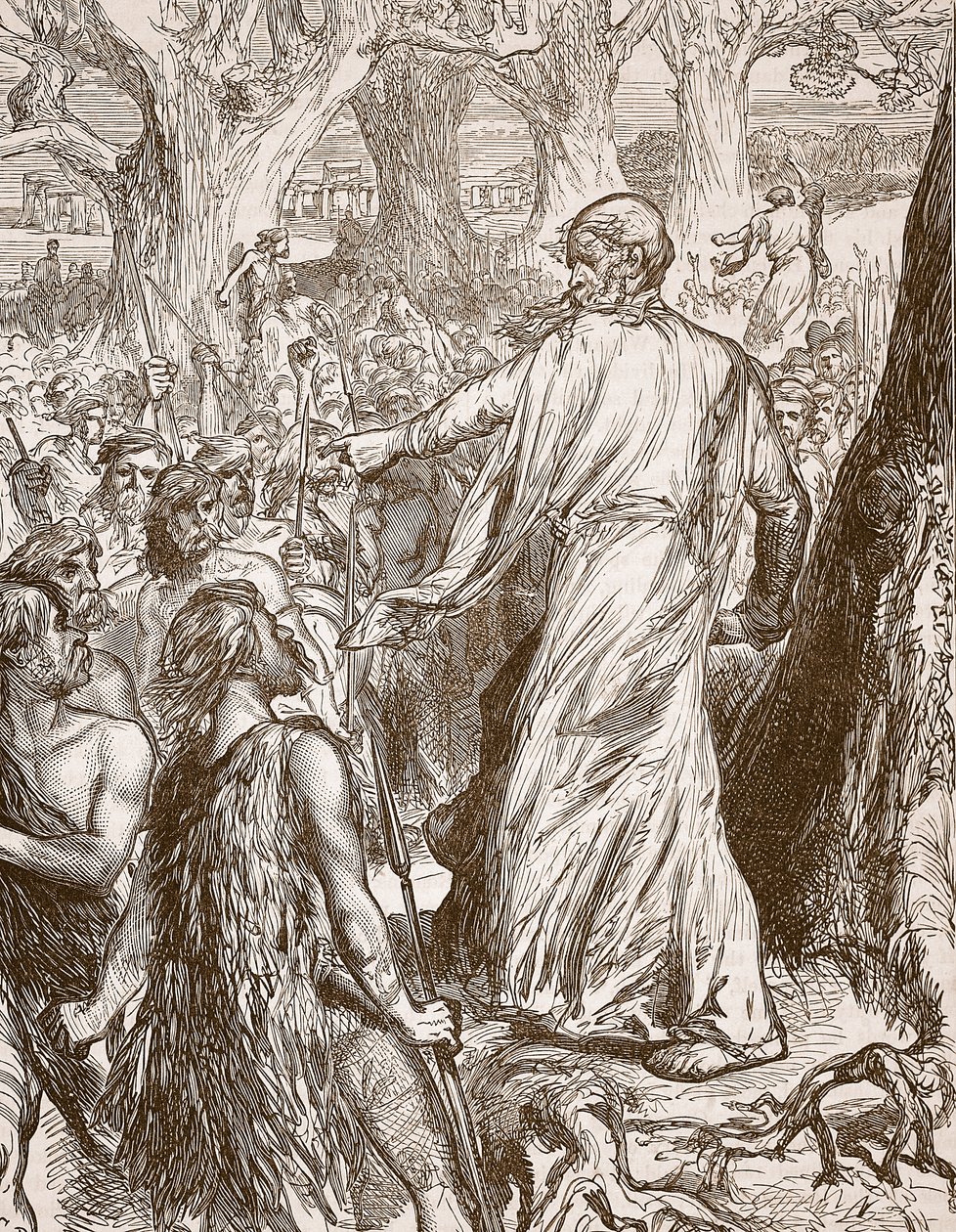 Druidzi podżegający Brytyjczyków do sprzeciwu wobec lądowania Rzymian, ilustracja z Cassells Illustrated History of England (zdjęcie w sepii) autorstwa English School