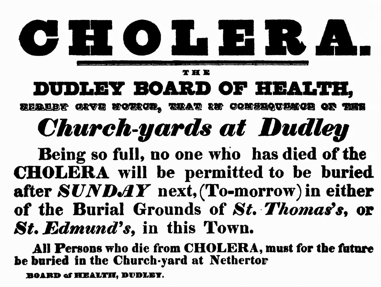 Plakat Dudley Board of Health ogłaszający procedurę pochówku osób, które zmarły na cholerę, ok. 1840 roku autorstwa English School