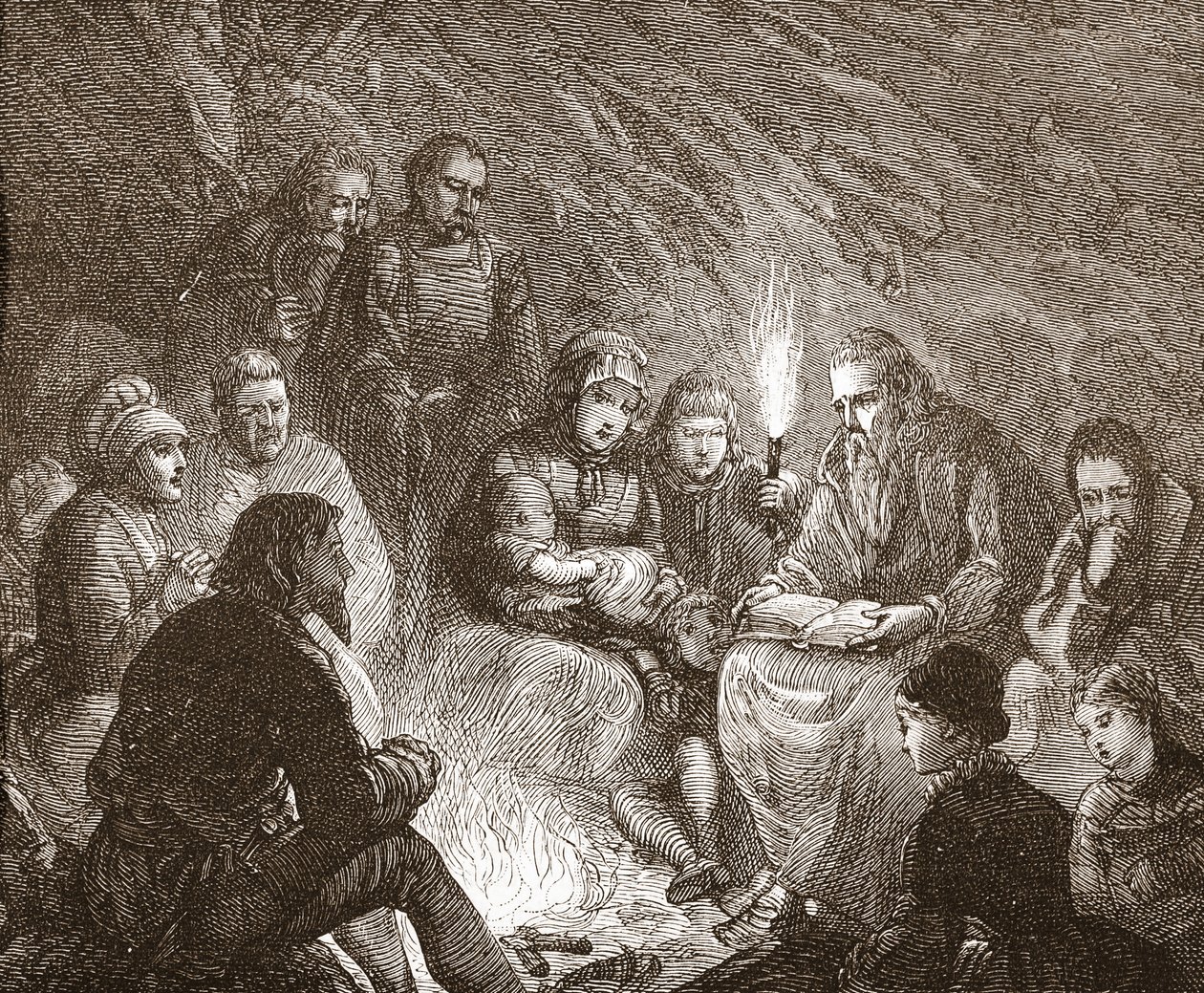 Holenderscy protestanci w ukryciu, ilustracja z Historii protestantyzmu Jamesa Aitkena Wylie (1808-1890), wyd. 1878 autorstwa English School