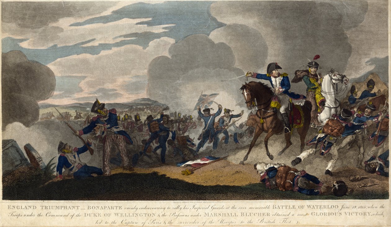 ANGLIA ZWYCIĘSTWO. Napoleon usiłujący zebrać gwardię cesarską w bitwie pod Waterloo, ok. 1930 r. 1815 (grawerowanie) autorstwa English School