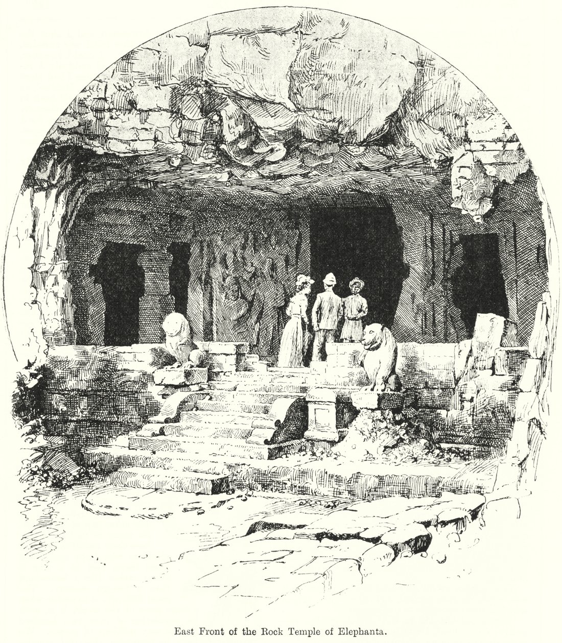 Wschodni front skalnej świątyni Elephanta (grawerunek) autorstwa English School