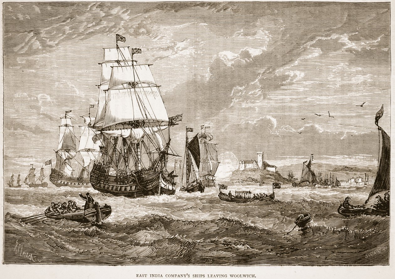 Statki Kompanii Wschodnioindyjskiej opuszczają Woolwich, ilustracja z Ilustrowanej Historii Indii Cassella autorstwa Jamesa Granta, pub. 1879 autorstwa English School
