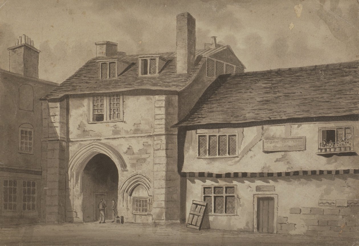 Widok od wschodu na bramę do opactwa św. Zbawiciela, Bermondsey, ok. 1825 (pióro, ołówek i pranie na papierze) autorstwa English School