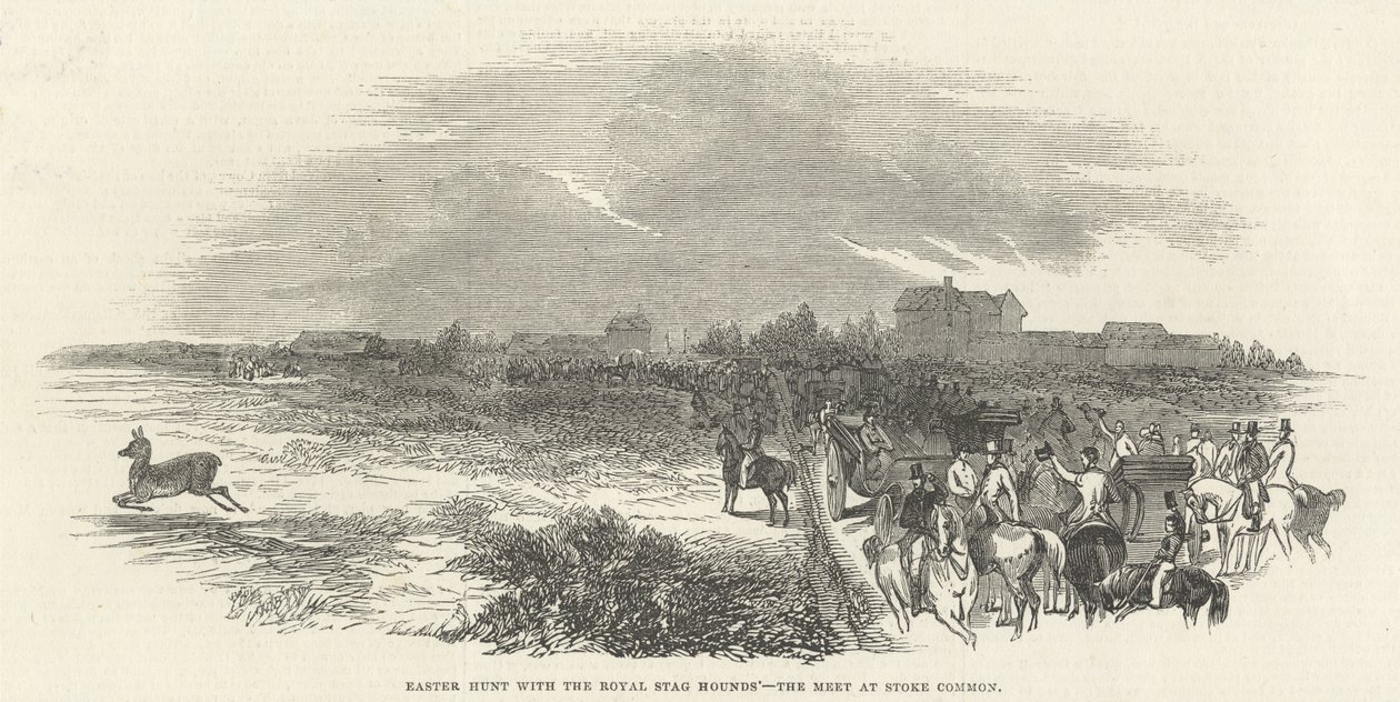 Wielkanocne polowanie z Royal Stag Hounds: spotkanie w Stoke Common, z „The Illustrated London News”, 29 marca 1845 autorstwa English School