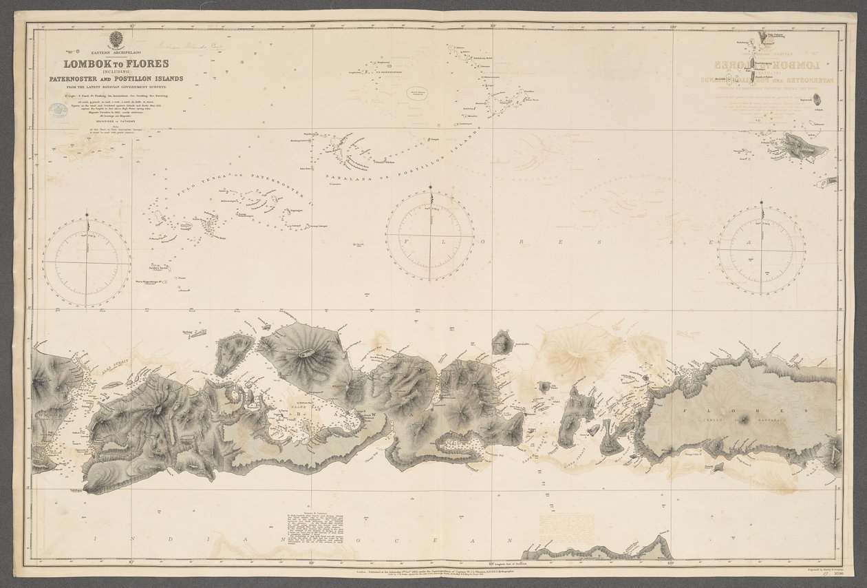 Archipelag Wschodni, Lombok do Flores, w tym wyspy Paternoster i Postillon; z … sondaży rządu Batawii. [Wykres Admiralicji], Londyn autorstwa English School