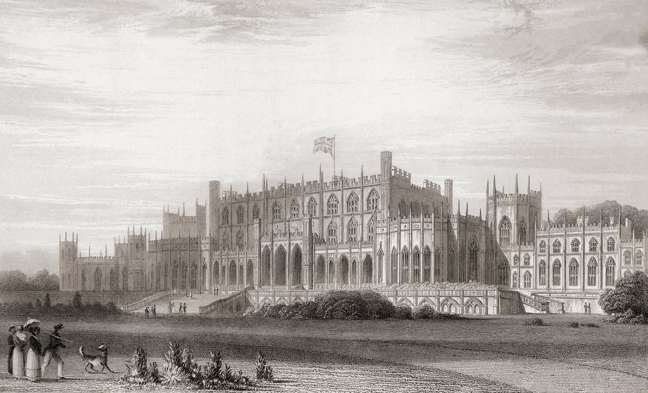 Eaton Hall, Cheshire, Anglia na początku XIX wieku. Z galerii portretów i krajobrazów Churtona, opublikowanej w 1836 r. autorstwa English School