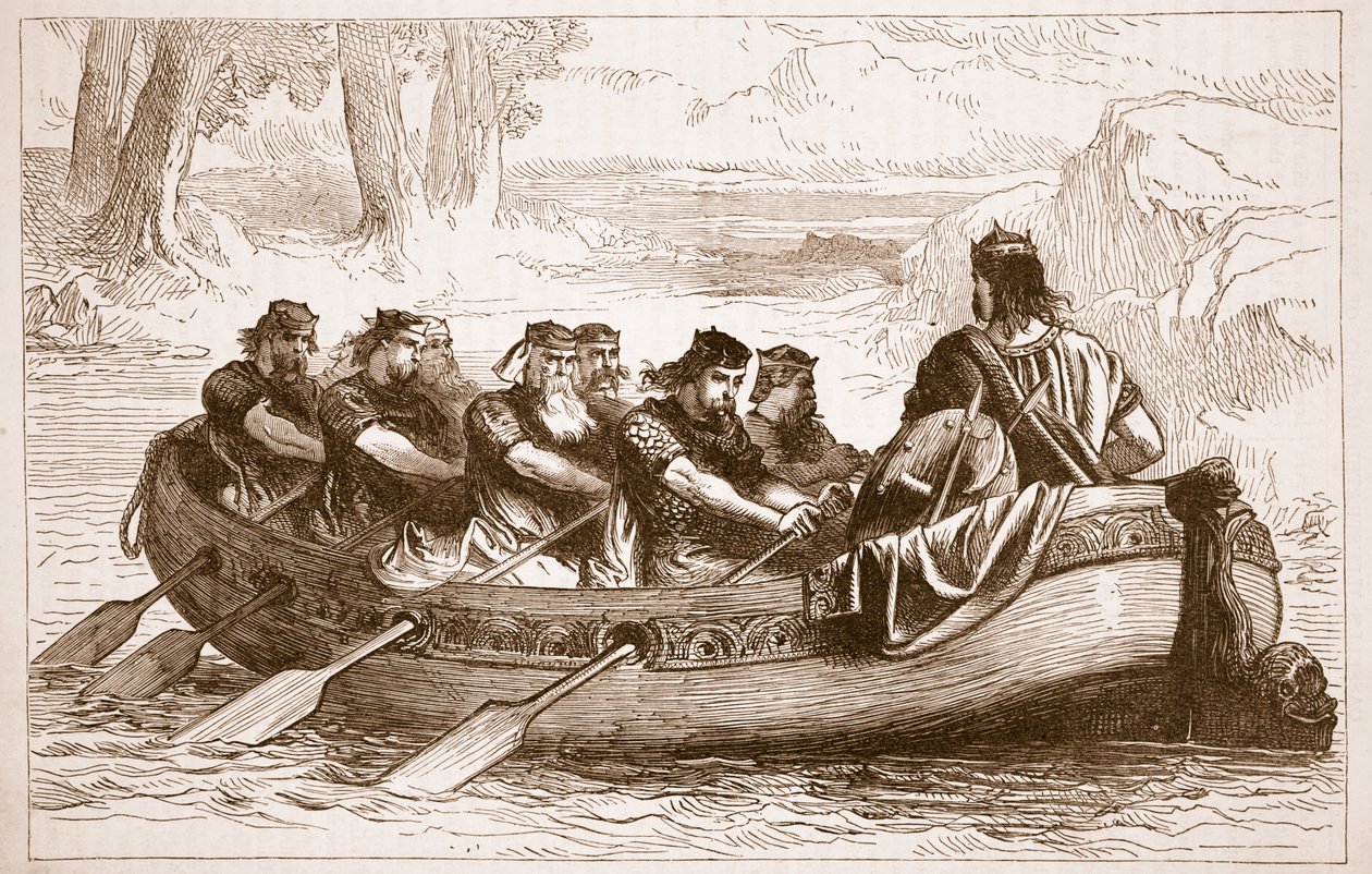 Edgar Pacyfik spławiany w dół rzeki Dee przez ośmiu książąt dopływowych, ilustracja z Cassells Illustrated History of England (zdjęcie w sepii) autorstwa English School
