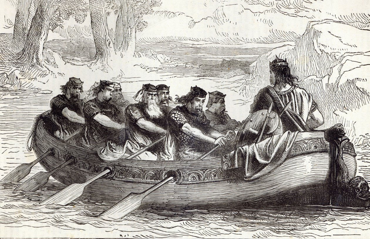 Edgar Pacyfik spławiany w dół rzeki Dee przez ośmiu książąt dopływowych, ilustracja z „Ilustrowanej historii Anglii Cassella” autorstwa English School