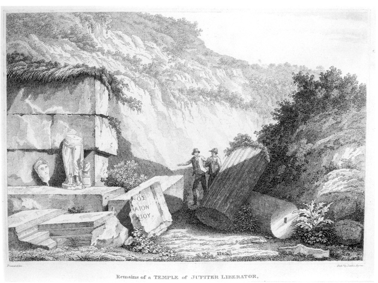 Edward Daniel Clarke (1769-1822) odwiedza szczątki Świątyni Jowisza Wyzwoliciela w Troad, z części 2 Travels in Various Countries of Europe, Asia and Africa, opublikowanej w 1812 r. (bw autorstwa English School
