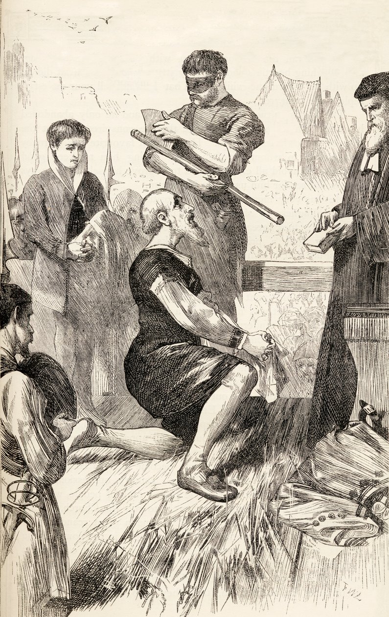 Edward Seymour na rusztowaniu w oczekiwaniu na egzekucję, ok. 1865 (drzeworyt) autorstwa English School