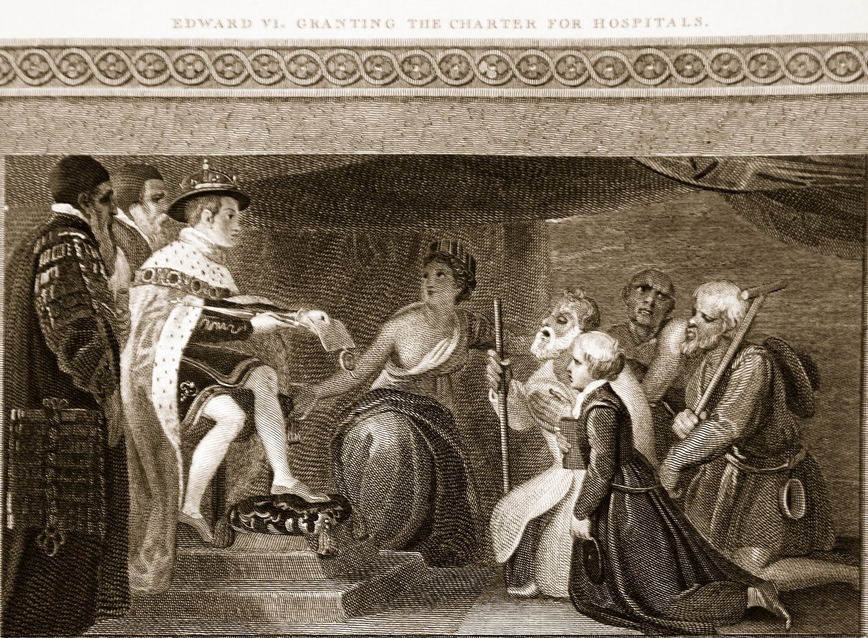 Edward VI przyznający Kartę Szpitali, ilustracja z David Humes The History of England, wyd. R. Bowyer, Londyn, 1812 88: autorstwa English School