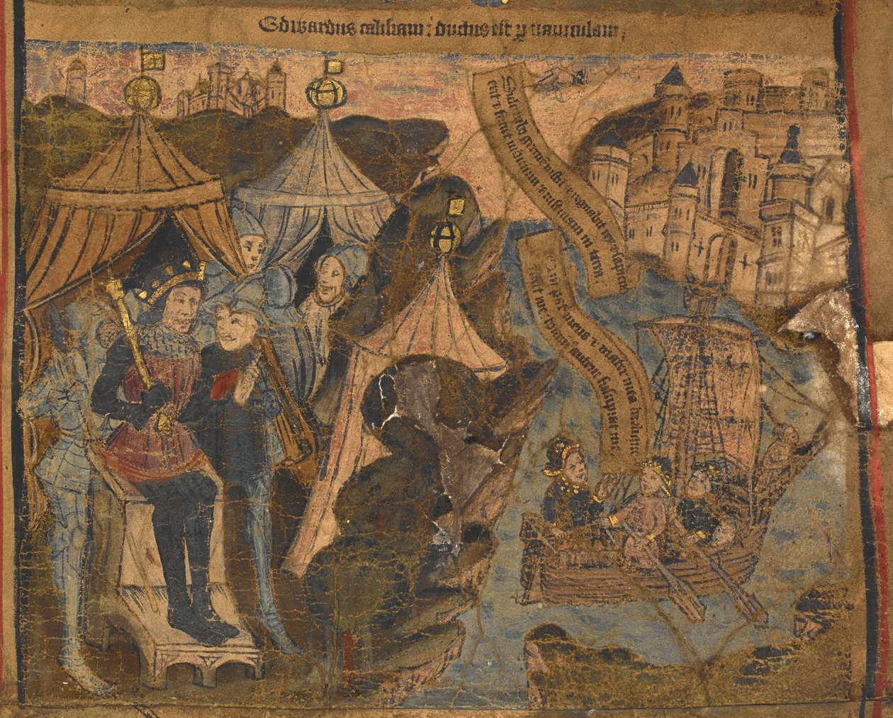 Edward York wraz z hrabiami Salisbury i Warwick po bitwie pod Ludford Bridge popłynął do Calais. Król Henryk VI patrzy triumfalnie, ilustracja z „Życie typologiczne i genealogia Edwarda IV”, c.1460-70 (welum) autorstwa English School