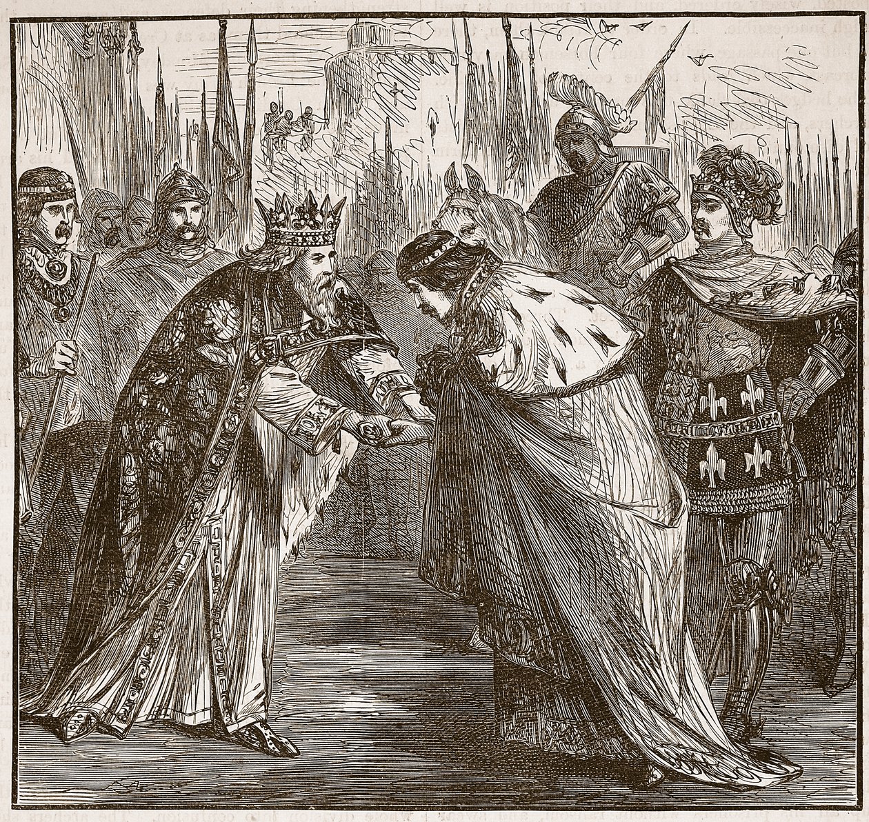 Edward odbiera króla Jana z Francji, ilustracja z Cassells Illustrated History of England (zdjęcie w sepii) autorstwa English School