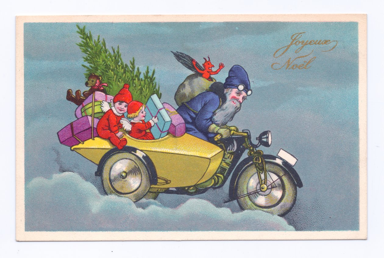 Edwardian Christmas postcard of Father Christmas driving a vintage sidecar motorcycle with children and gifts, ok. 1910 (kolorowa litografia) autorstwa English School