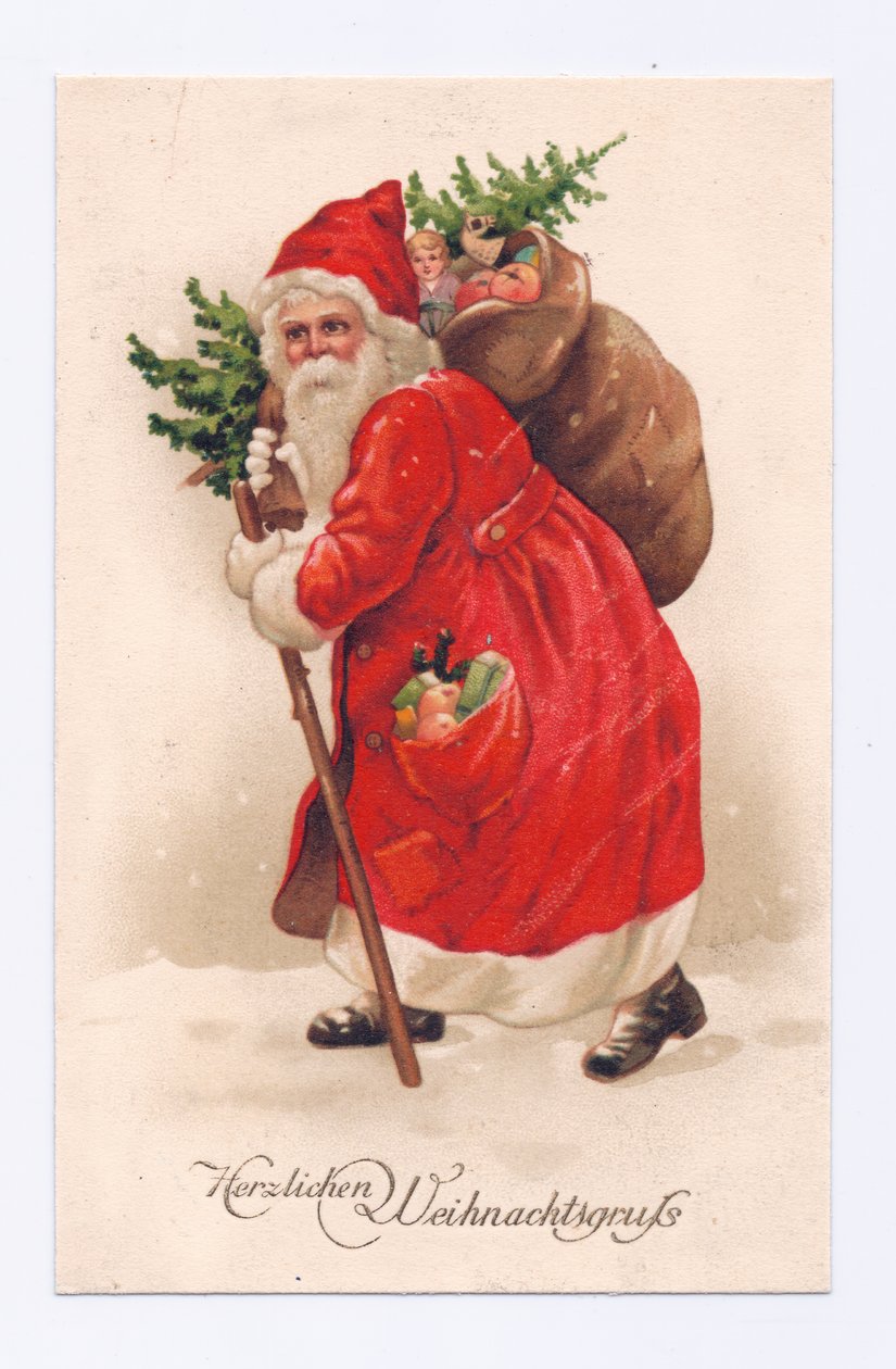 Edwardiańska pocztówka przedstawiająca ojca Bożego Narodzenia niosącego choinkę i worek zabawek na ramieniu, ok. 1910 r. (kolorowa litografia) autorstwa English School