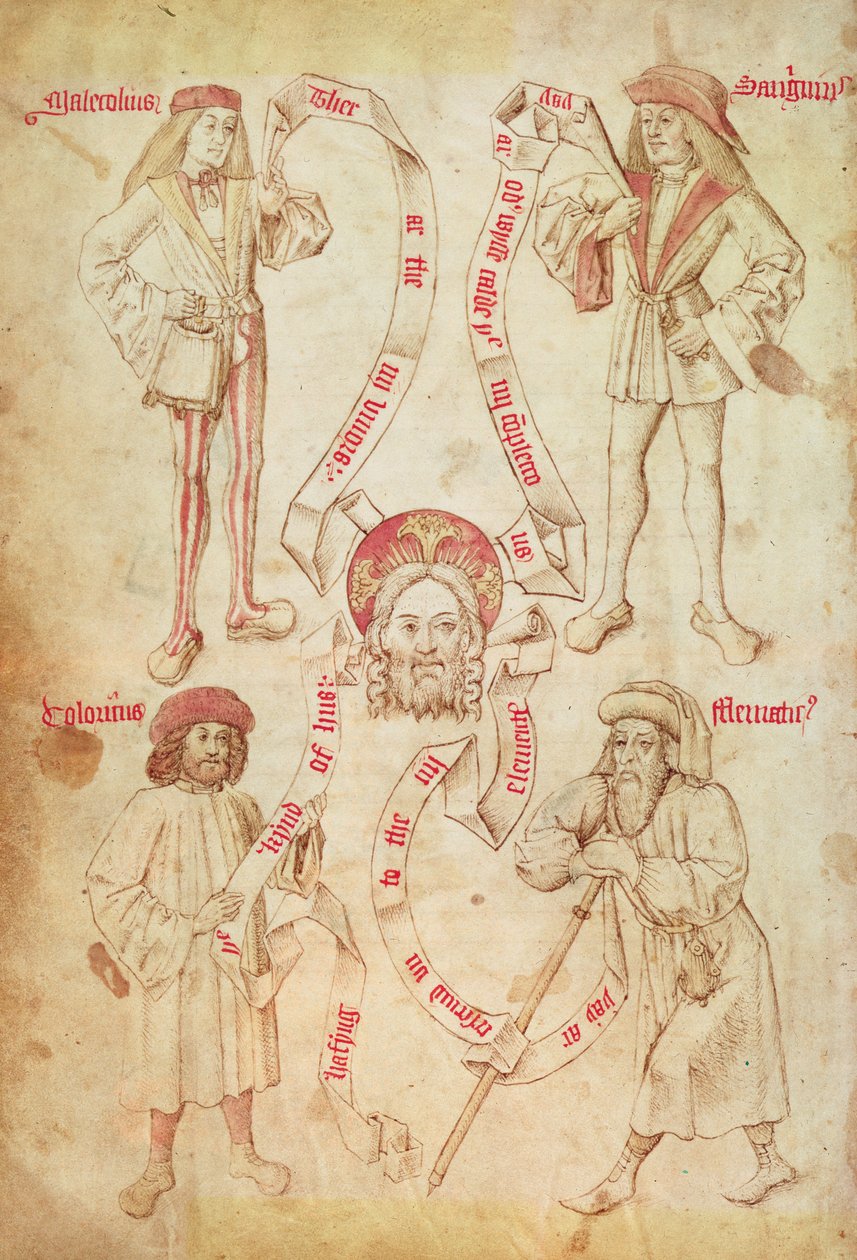 Np. 2572 f.51v Cztery humory, z Księgi cechowej fryzjerów z Yorku (welum) autorstwa English School