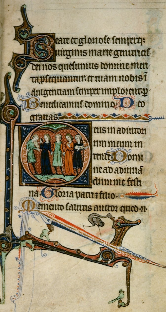 Egerton 1151 fol.47 Inicjał zamieszkany „D” z muzykami, z „Godzin Egerton”, ok. 1260-70 (welum) autorstwa English School