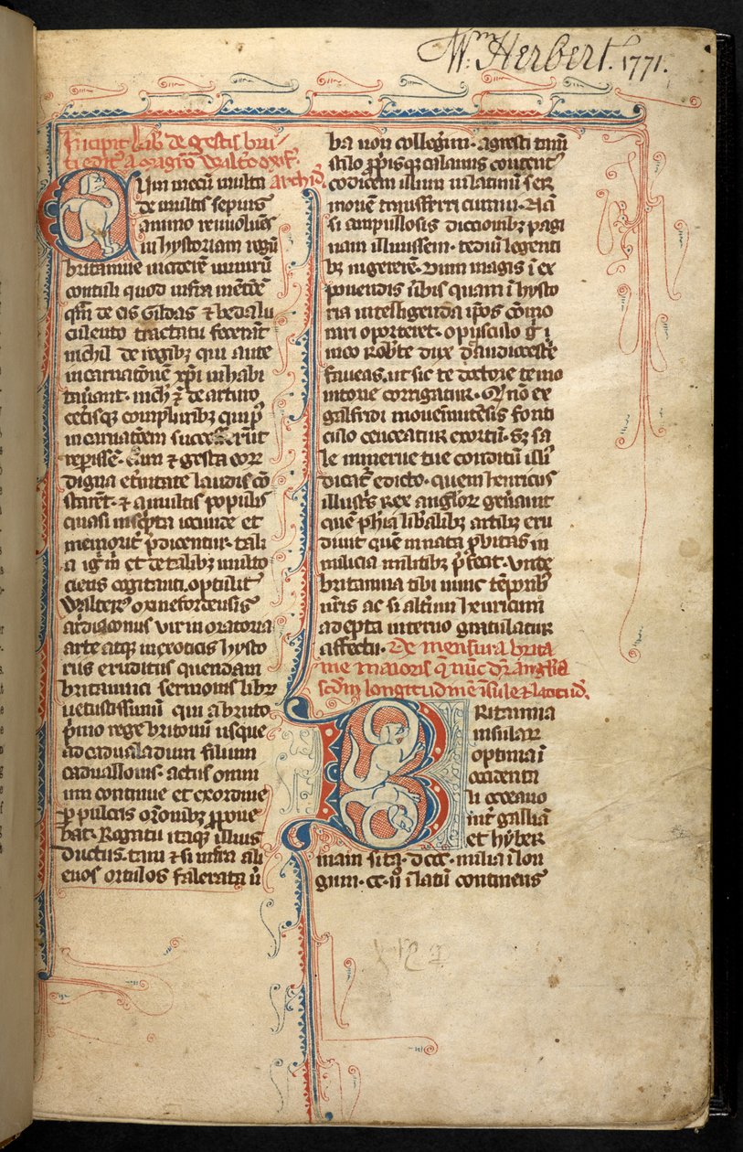 Egerton 3142, f.1r, Tekst z iluminowanym inicjałem „B”, z Historii Regum Britanniae, Geoffrey, z Monmouth, c.1294 (wellum) autorstwa English School