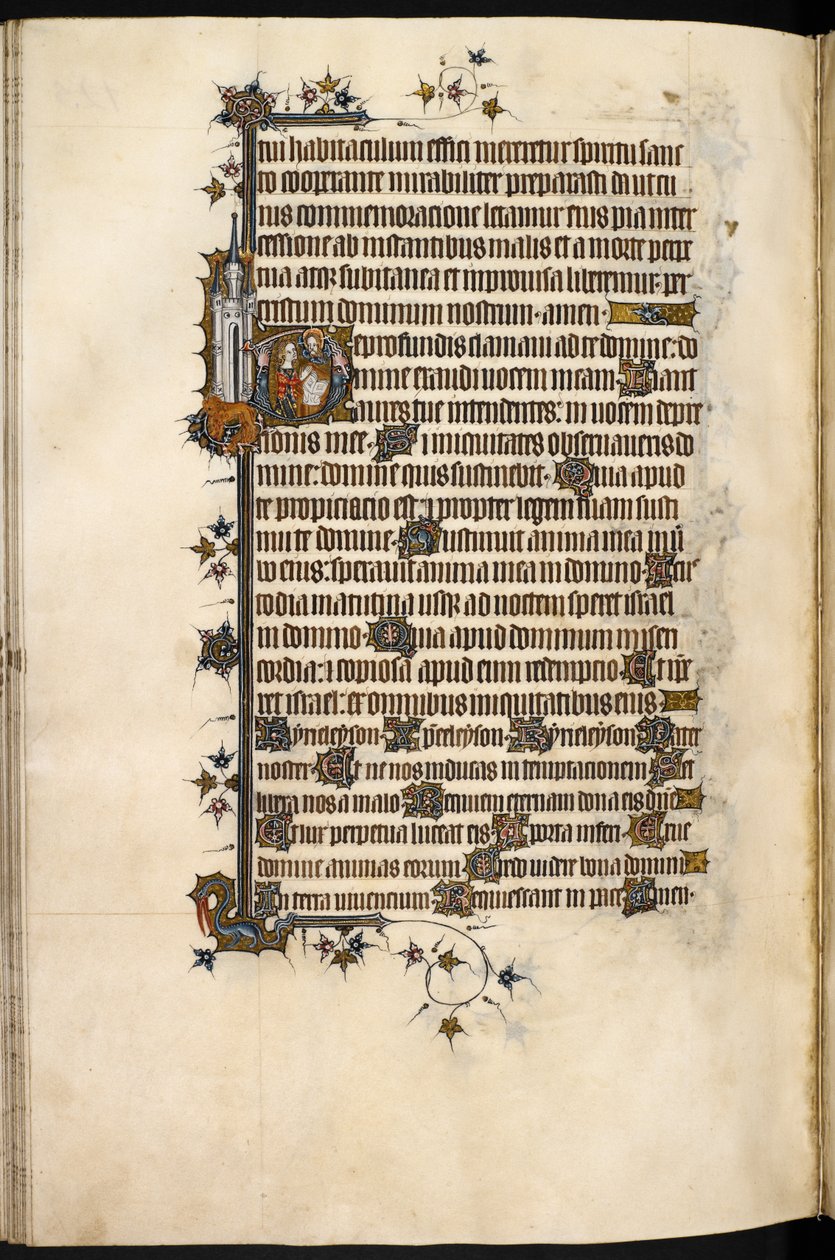 Egerton MS 3277, f.131v, Bohun modląca się, z marginalnym lwem i zamkiem, z „Bohun Psałterz i Godziny” (welum) autorstwa English School