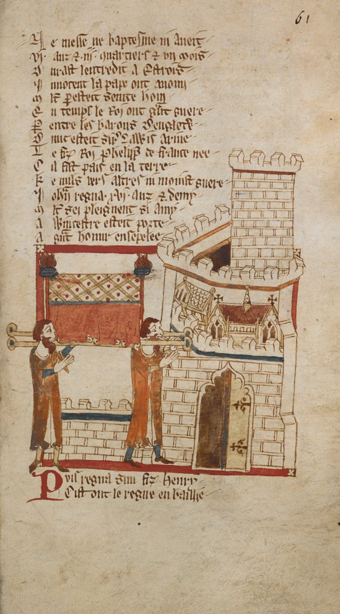 Egerton Ms 3028 f.061r Ciało króla Jana zostało przewiezione do katedry w Worcester na pochówek, ilustracja z „Romanse in French Verse...”, Robert Wace, kanonik z Bayeux (welin) autorstwa English School