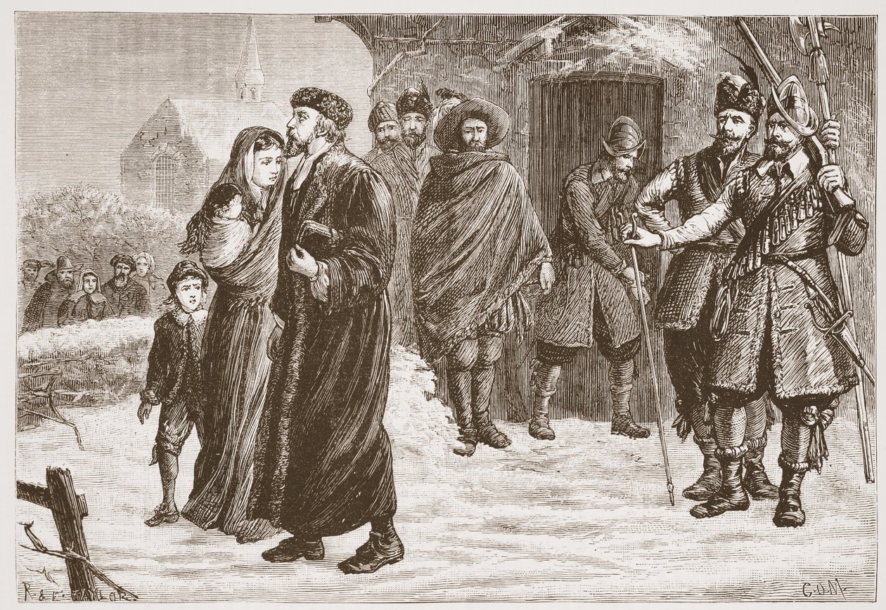 Wyrzucenie węgierskiego pastora protestanckiego w okresie zimowym, ilustracja z Historii protestantyzmu Jamesa Aitkena Wyliego (1808-1890), wyd. 1878 autorstwa English School