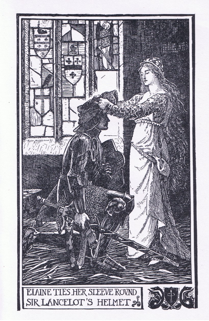 Elaine zawiązuje rękaw wokół hełmu Sir Lancelota, ilustracja z „Księgi romansów” opublikowanej przez Longmans Green and Co autorstwa English School